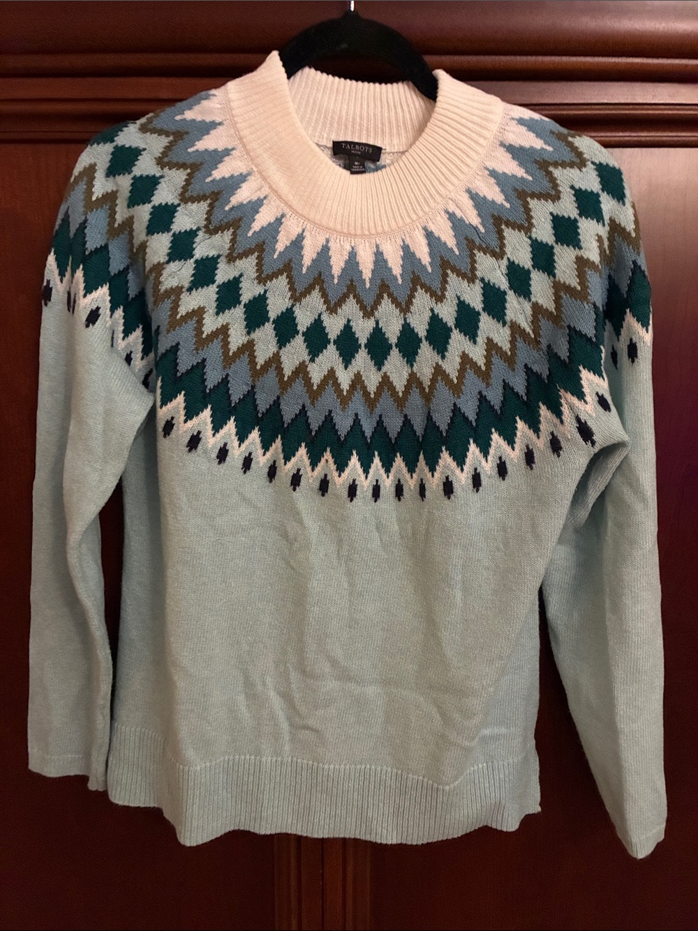 Talbots Mint Crewneck Sweater with Multicolor Fair Isle Yoke
